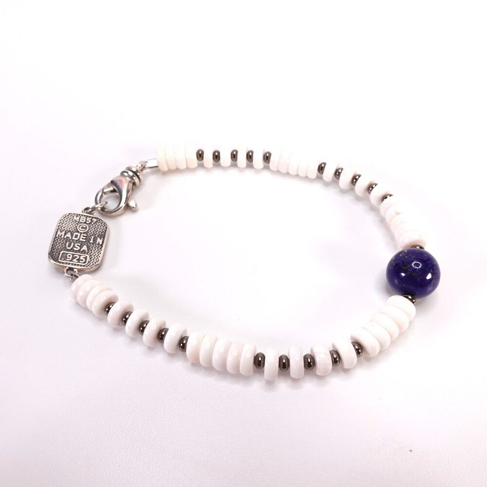 King Baby Shell Bead Bracelet With Round Lapis Bead Lobster Claw Clasp .925 USA